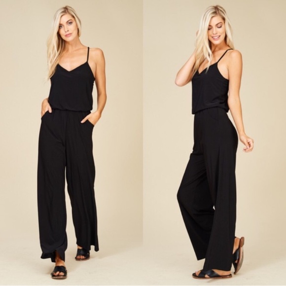 Pants - Black V-Neck Wide Leg Jumpsuit Romper